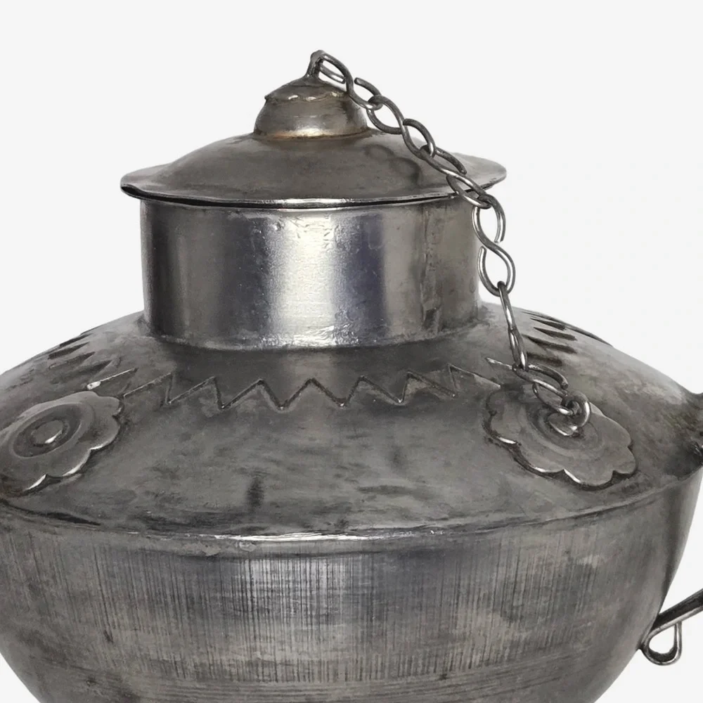 Vintage Handcrafted Metal Teapot Kettle w/ Lid & Chain – Rustic Folk Art